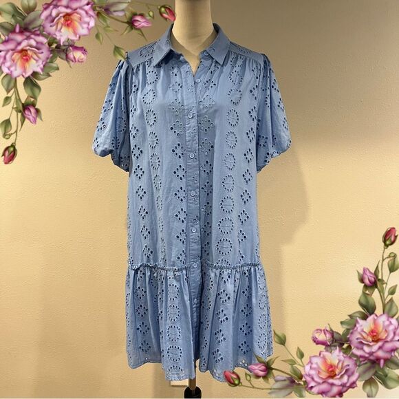 Donna Morgan Blue Eyelet Button-Up short sleeves straight cut dress size 10 - Picture 1 of 13